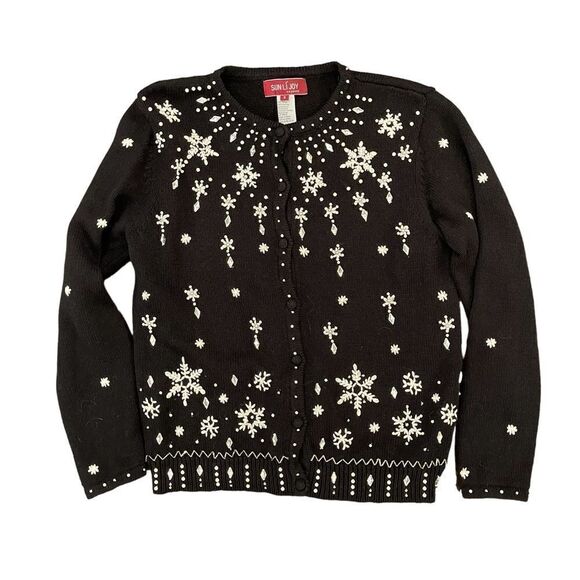 Christmas Cardigan Button Up Sweater Pearls Beads Embroidery Snowflakes Womens S - Picture 1 of 8